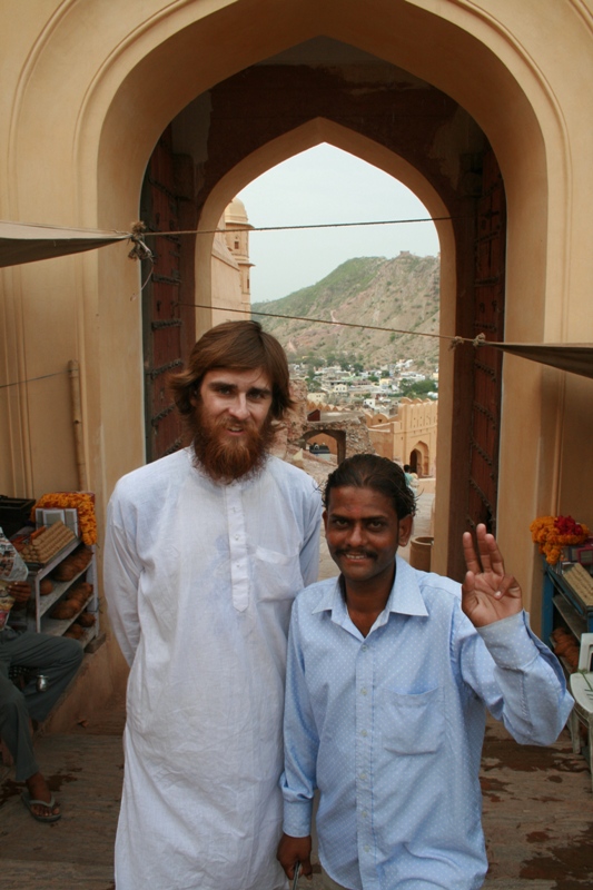 India, Rajistan, Jaipur - Peter at The Amer Fort with a vender 