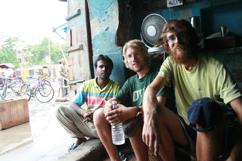 India, Rajistan, Jaipur City - Drew and I with a friend running a motorbike fix-it stall next to my favorite Rice-Dal all you ca