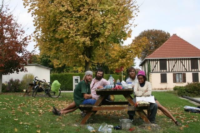 France - A wonderful lunch stop with a picnic table next to a church in a small village...and Sunshine for the first time on a b