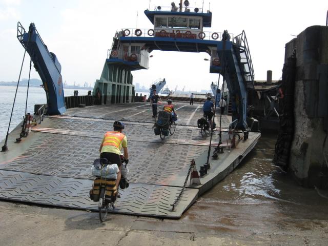 Crossing the Yangzi on a barge.