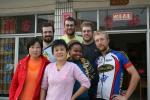 China, The gang with Mrs. Zhang and her assistant in front of her small restaurant, Anhui province, China (Oct 23 2007)