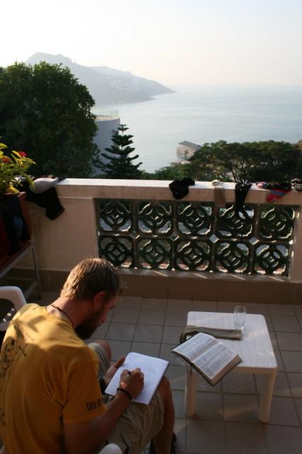 Drew reflecting on the Maryknoll balcony