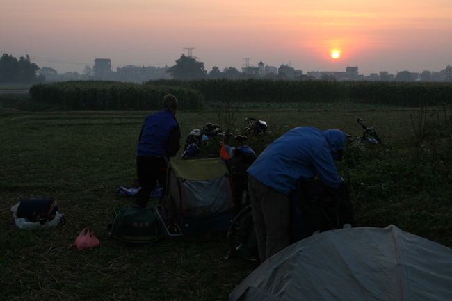 Vietnam - Morning after camping in a harvested rice field