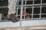 Cambodia - A highschool student curiously peers down at us from his gated open-air school hall way in a small market town 40km n