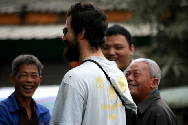 China - Guangdong Prov., - Jim chatting up a group of Chinese