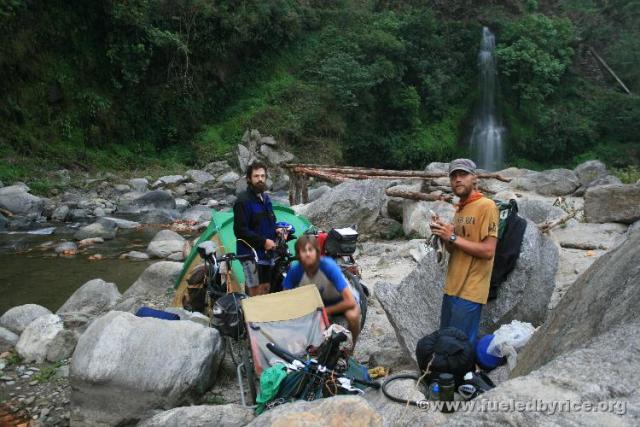 Nepal, east of Kathmandu - One of our best campsites, by a clear stream and waterwall, right off the not-so-busy mountain road w