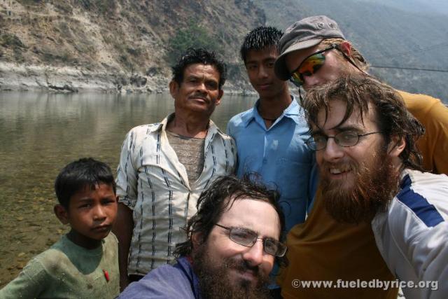 Nepal, Sindhuli area - Mountain river swim by the suspension bridge on our back-road to Kathmandu, with local Shankar Pradhar an