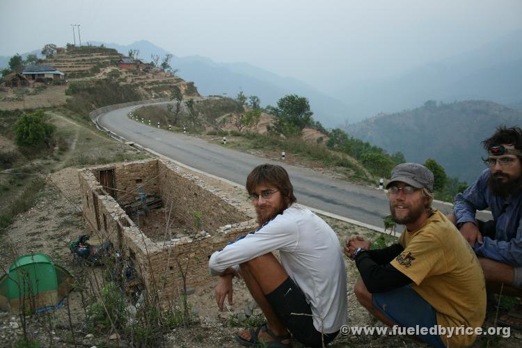 Nepal, Sindhuli area - Camping near the top of a pass of an amazingly nice, newly built Japanese-funded switch back. We stopped