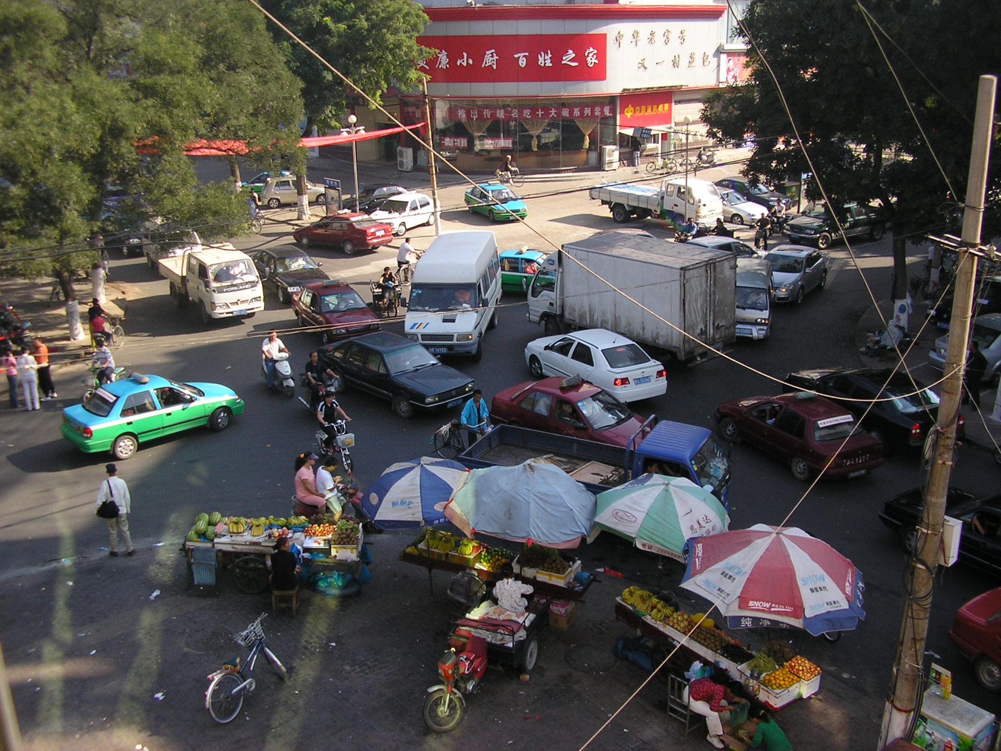 A traffic jam in an uncontrolled intersection outside our cheap hotel in Dezhou City.