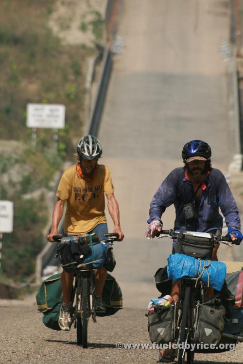 Nepal, Himalayan foothills - Drew & Jim working hard with our first taste of the Himalayas..."one pedal stroke at a tim