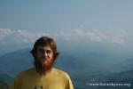 Nepal, Pokhara - Peter and the Anaupurna Himalayan range, with Fishtail mountain spiking up