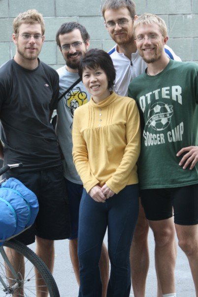 China, Shanghai - The FBR Boys with Noriko, our gracious Japanese host, friend of Nakia's, who put up with our dirt in her very