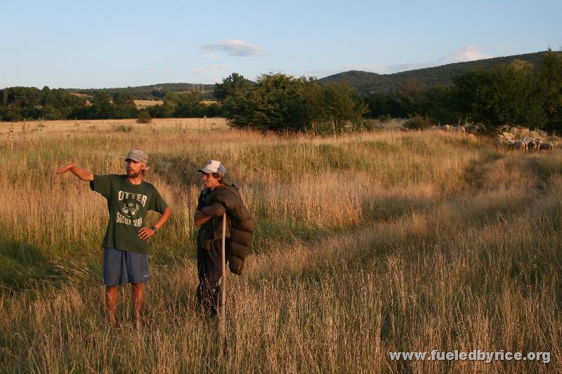 Bulgaria, 20km from Sofia - Drew chatting with a sheep shepard passing by our campsite, using a few words of Bulgarian, English,