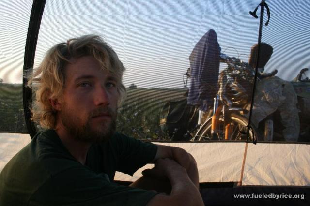 Serbia - Drew Waking Up in our new tent that Netzy brought from home in July. The zipper on our old tent was shot.