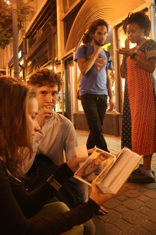 Hungary, Budapest - Chatting on the street after our performance with Robert, Murphey (Cuban-Hungarian), and another young woman