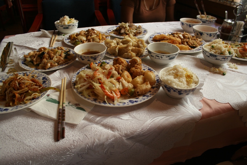 Austria, Wien (Vienna) - Chinese lunch buffet...arranged Chinese style. Celebrating Jim's and Drew's Birthdays!