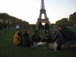 Wine, cheese, and bread by the Eiffel Tower with Sarah and Cecilia.