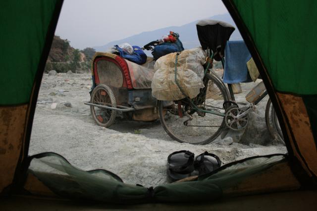 Nepal foothills - camping in a river bed on the backroad to Kathmandu