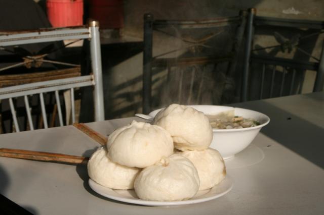 Oct 9 2007 - Changrong village, Jiangsu Prov, China. Baozi breakfast.