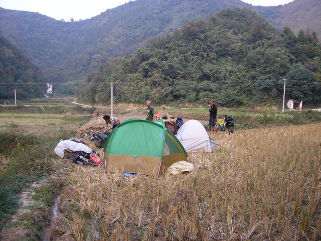 Oct 24 - Our 2nd day camping!  In the mountains of Anhui, right in a dried and harvested rice patty.