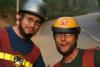 Adam with Drew in abondoned motorcycle helmets. (laughter)(by peter)