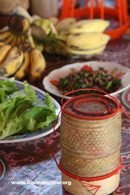 Lao - a typical Laotian lunch: sticky rice (in small basket), sweet bananas, noodle soup