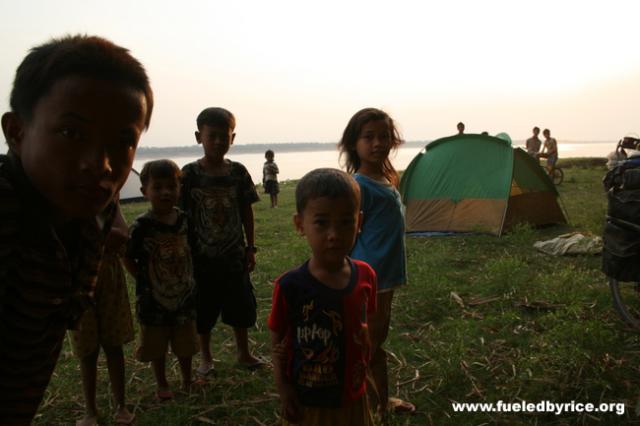 Cambodia - Camping along the Mekong attracted the local kids. But kids are always the first to notice and find us.