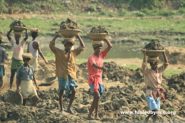 India, West Bengal - Laborers move dirt at a construction site. Like China, labor is cheaper than machinery.