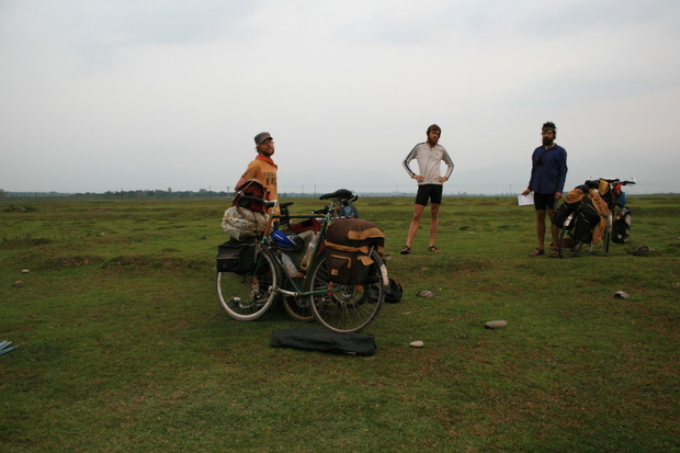India, W.Bengal - our campsite in a mysteriously large grassy field near a town.  It presented itself just at the right time and