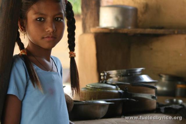 Nepal, west lowlands, Amiliya village - The cook's daughter and the wood-fired mud stove behind at the best restaurant hut  in t